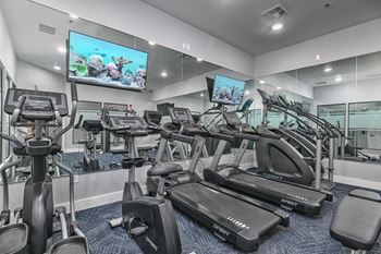 a gym with cardio equipment and a tv on the wall